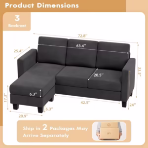 NEW-Convertible Sectional Sofa Couch, 3 Seat L-Shaped Sofa with Linen Fabric Ottoman Small Couch for Small