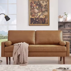 Loveseat Sofa Couch, Mid Century Modern Faux Leather Couch with Hand-Sewn Deep Love Seat & 2Pillows, Home Sofa Living Room