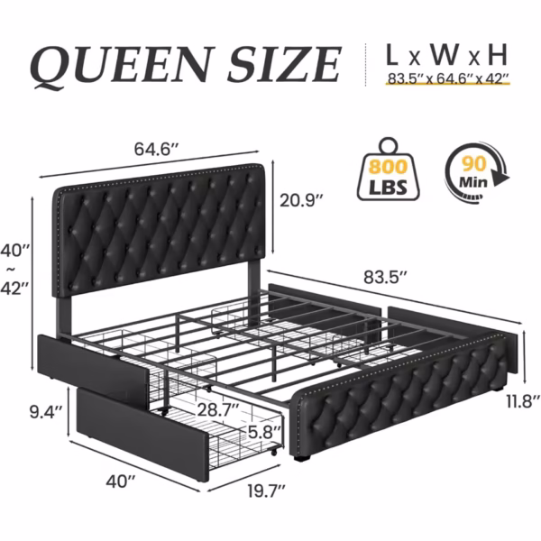Queen Bed Frame with Headboard Faux Leather - Image 2