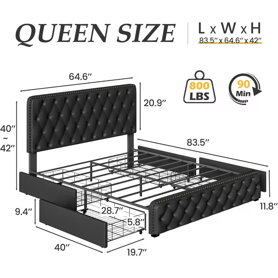 Queen Bed Frame with Headboard Faux Leather - Image 2