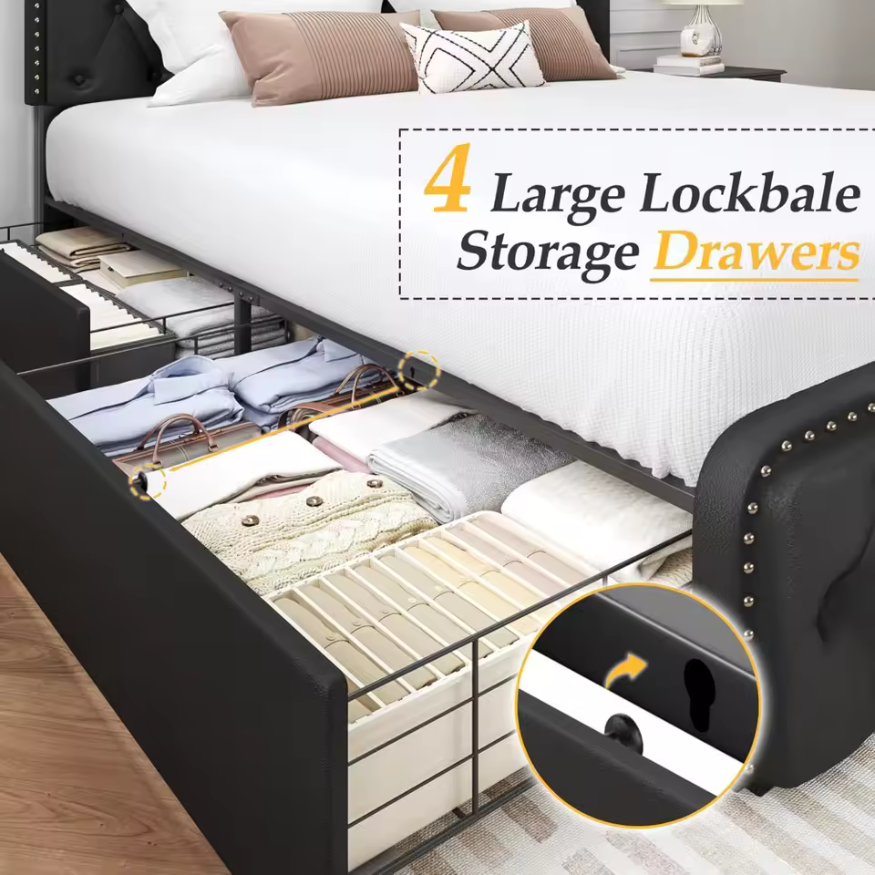 Queen Bed Frame with Headboard Faux Leather - Image 6