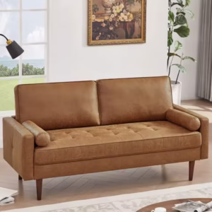 Loveseat Sofa Couch, Mid Century Modern Faux Leather Couch with Hand-Sewn Deep Love Seat & 2Pillows, Home Sofa Living Room