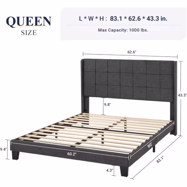 Queen Size Platform Bed Frame with Wingback - Image 2