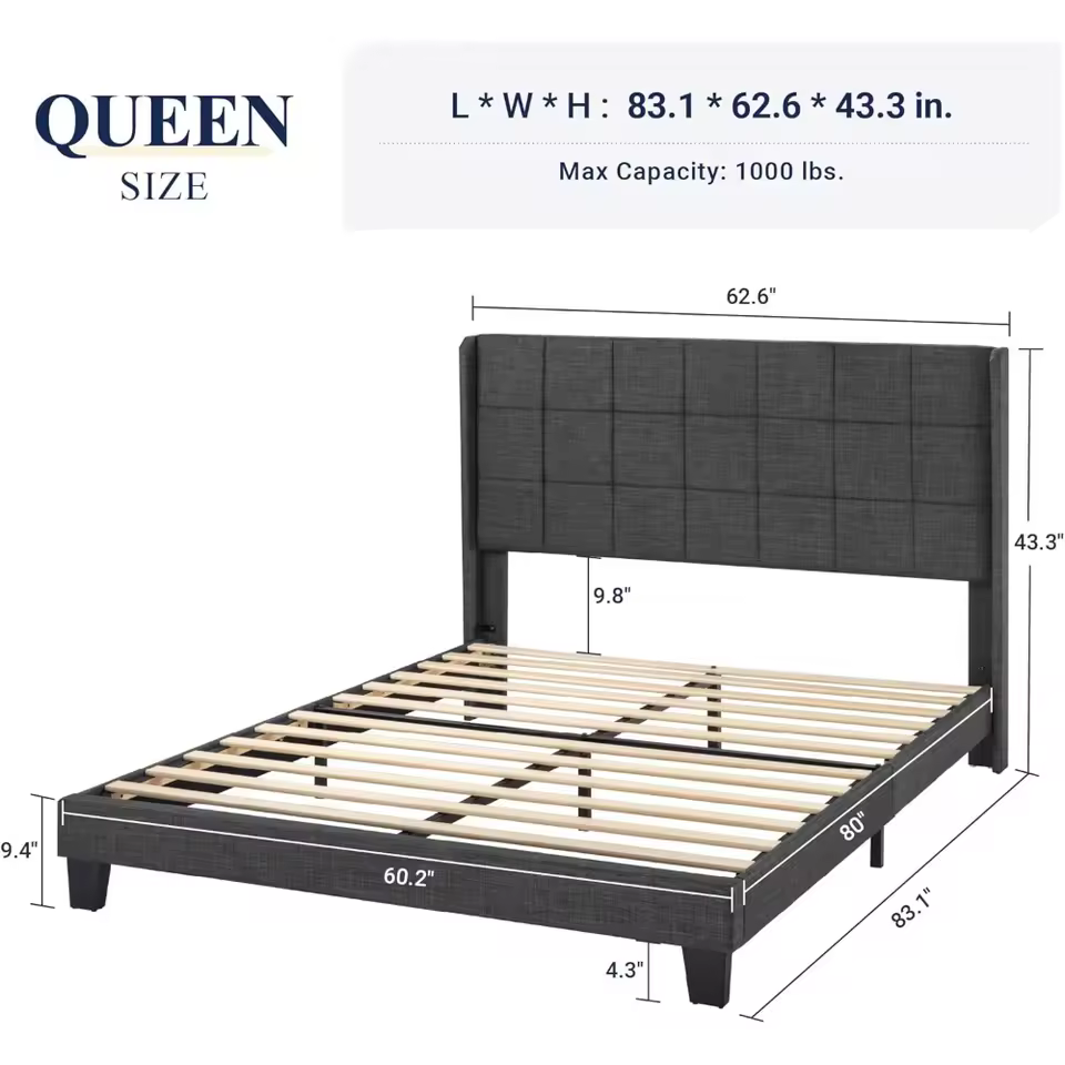 Queen Size Platform Bed Frame with Wingback - Image 2