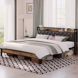 Queen size bed frame with storage headboard